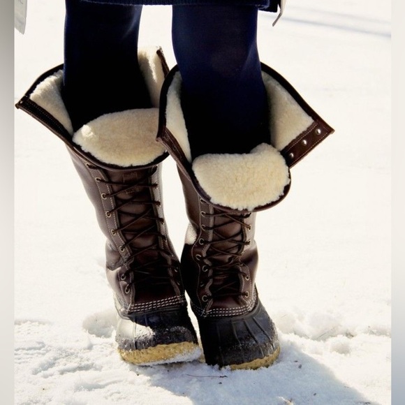 Rare! L.L. Bean Tall 16” shearling lamb fur lined tumbled leather duck boot 7 - Picture 1 of 11